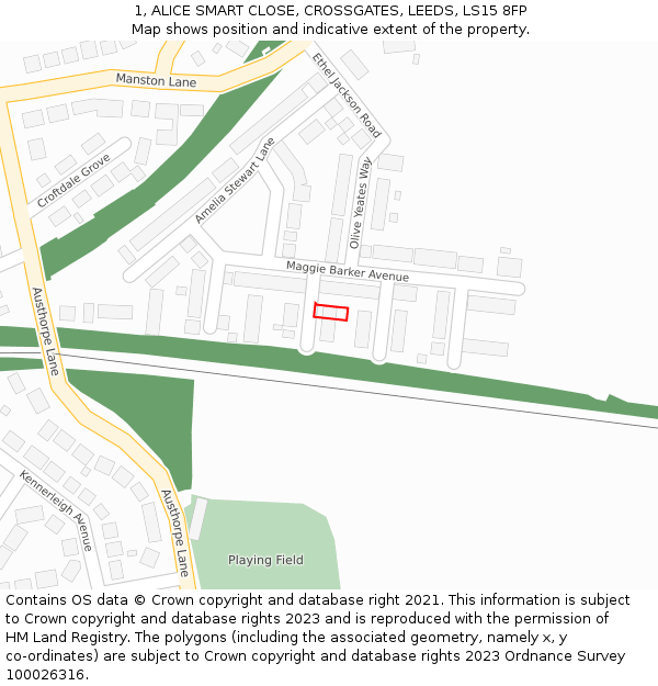 1, ALICE SMART CLOSE, CROSSGATES, LEEDS, LS15 8FP: Location map and indicative extent of plot