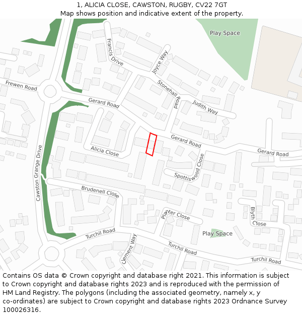 1, ALICIA CLOSE, CAWSTON, RUGBY, CV22 7GT: Location map and indicative extent of plot
