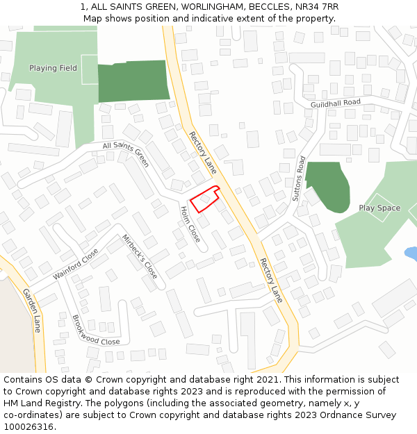 1, ALL SAINTS GREEN, WORLINGHAM, BECCLES, NR34 7RR: Location map and indicative extent of plot