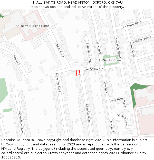 1, ALL SAINTS ROAD, HEADINGTON, OXFORD, OX3 7AU: Location map and indicative extent of plot