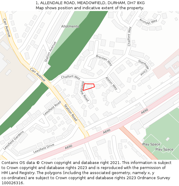 1, ALLENDALE ROAD, MEADOWFIELD, DURHAM, DH7 8XG: Location map and indicative extent of plot