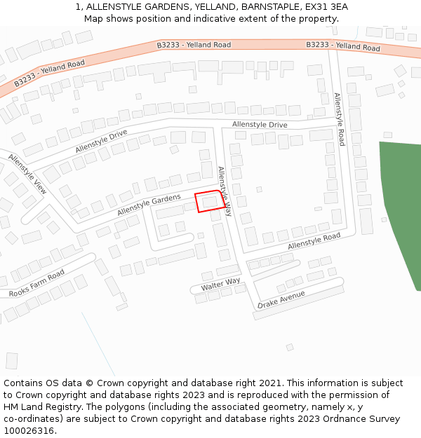 1, ALLENSTYLE GARDENS, YELLAND, BARNSTAPLE, EX31 3EA: Location map and indicative extent of plot