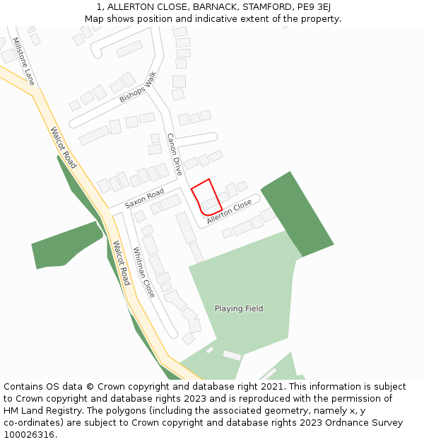 1, ALLERTON CLOSE, BARNACK, STAMFORD, PE9 3EJ: Location map and indicative extent of plot