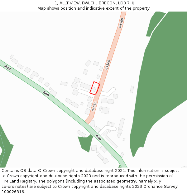 1, ALLT VIEW, BWLCH, BRECON, LD3 7HJ: Location map and indicative extent of plot