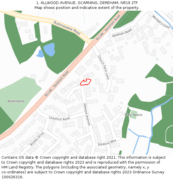 1, ALLWOOD AVENUE, SCARNING, DEREHAM, NR19 2TF: Location map and indicative extent of plot