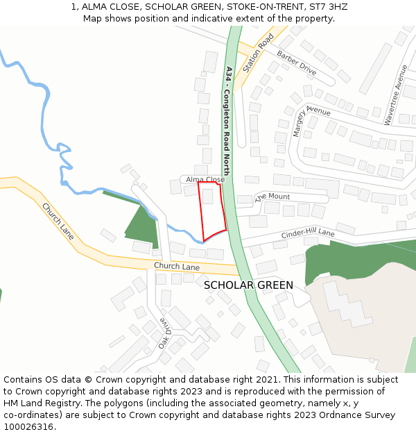 1, ALMA CLOSE, SCHOLAR GREEN, STOKE-ON-TRENT, ST7 3HZ: Location map and indicative extent of plot