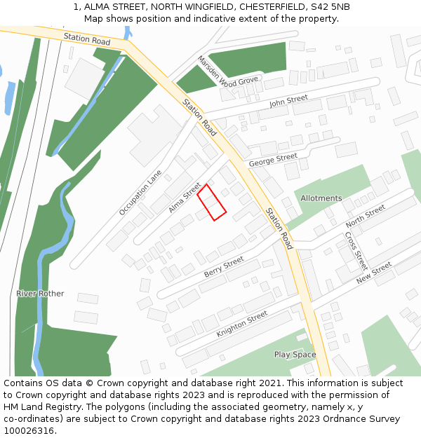 1, ALMA STREET, NORTH WINGFIELD, CHESTERFIELD, S42 5NB: Location map and indicative extent of plot