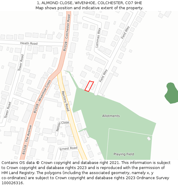 1, ALMOND CLOSE, WIVENHOE, COLCHESTER, CO7 9HE: Location map and indicative extent of plot