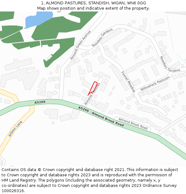 1, ALMOND PASTURES, STANDISH, WIGAN, WN6 0GG: Location map and indicative extent of plot