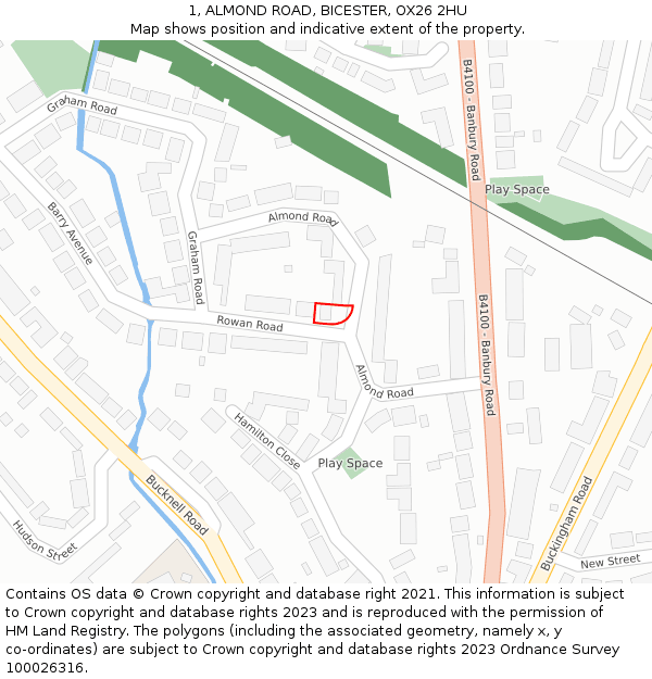 1, ALMOND ROAD, BICESTER, OX26 2HU: Location map and indicative extent of plot