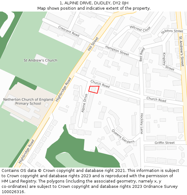 1, ALPINE DRIVE, DUDLEY, DY2 0JH: Location map and indicative extent of plot