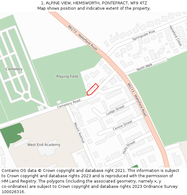 1, ALPINE VIEW, HEMSWORTH, PONTEFRACT, WF9 4TZ: Location map and indicative extent of plot