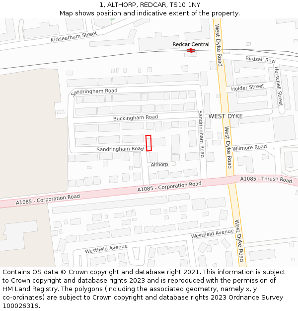 1, ALTHORP, REDCAR, TS10 1NY: Location map and indicative extent of plot