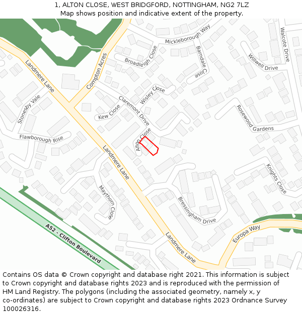 1, ALTON CLOSE, WEST BRIDGFORD, NOTTINGHAM, NG2 7LZ: Location map and indicative extent of plot