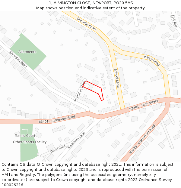 1, ALVINGTON CLOSE, NEWPORT, PO30 5AS: Location map and indicative extent of plot