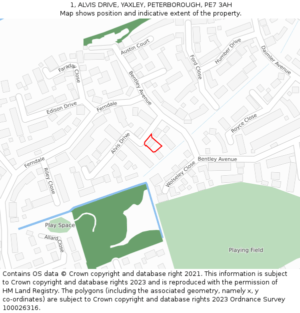 1, ALVIS DRIVE, YAXLEY, PETERBOROUGH, PE7 3AH: Location map and indicative extent of plot