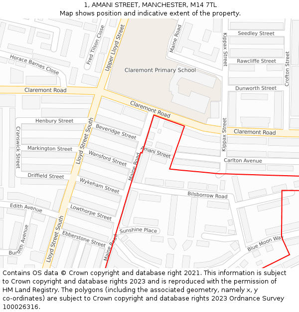 1, AMANI STREET, MANCHESTER, M14 7TL: Location map and indicative extent of plot