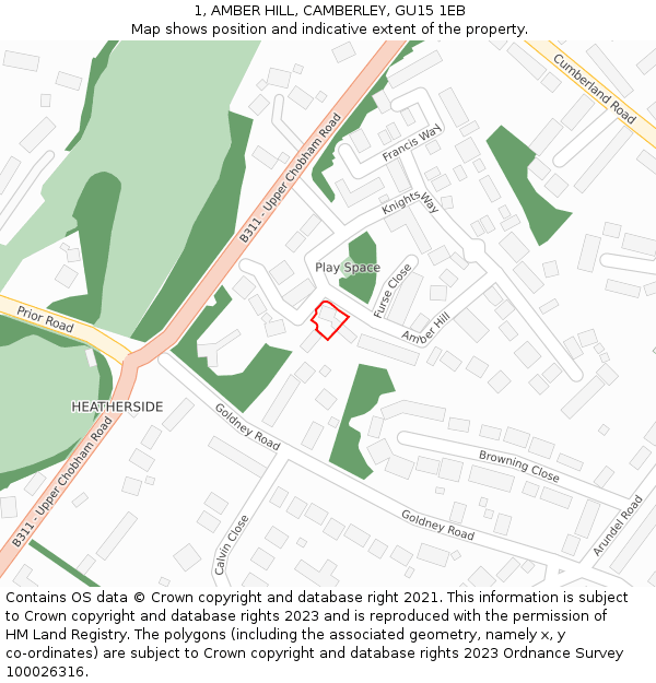 1, AMBER HILL, CAMBERLEY, GU15 1EB: Location map and indicative extent of plot