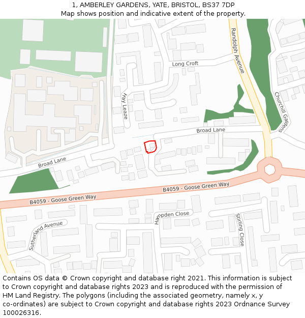 1, AMBERLEY GARDENS, YATE, BRISTOL, BS37 7DP: Location map and indicative extent of plot