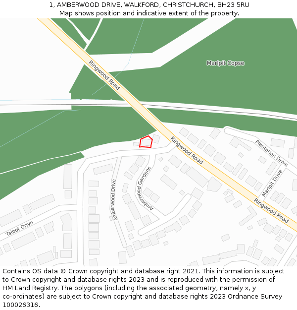 1, AMBERWOOD DRIVE, WALKFORD, CHRISTCHURCH, BH23 5RU: Location map and indicative extent of plot