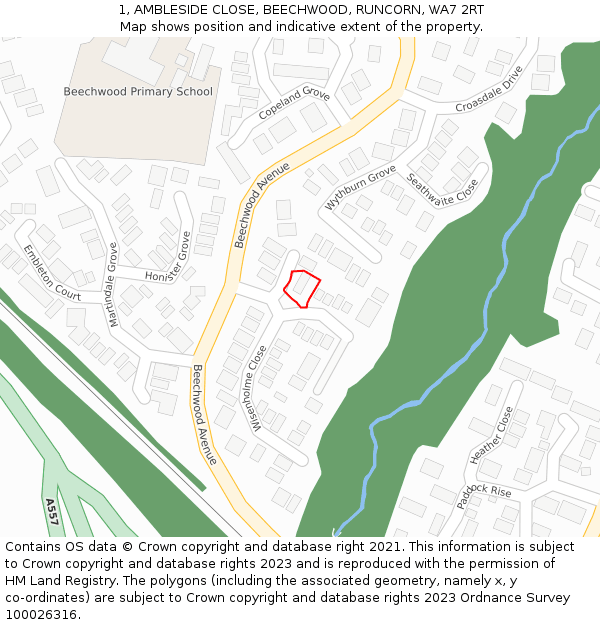 1, AMBLESIDE CLOSE, BEECHWOOD, RUNCORN, WA7 2RT: Location map and indicative extent of plot