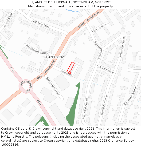 1, AMBLESIDE, HUCKNALL, NOTTINGHAM, NG15 6WE: Location map and indicative extent of plot