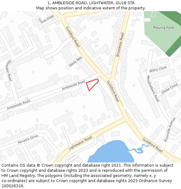 1, AMBLESIDE ROAD, LIGHTWATER, GU18 5TA: Location map and indicative extent of plot