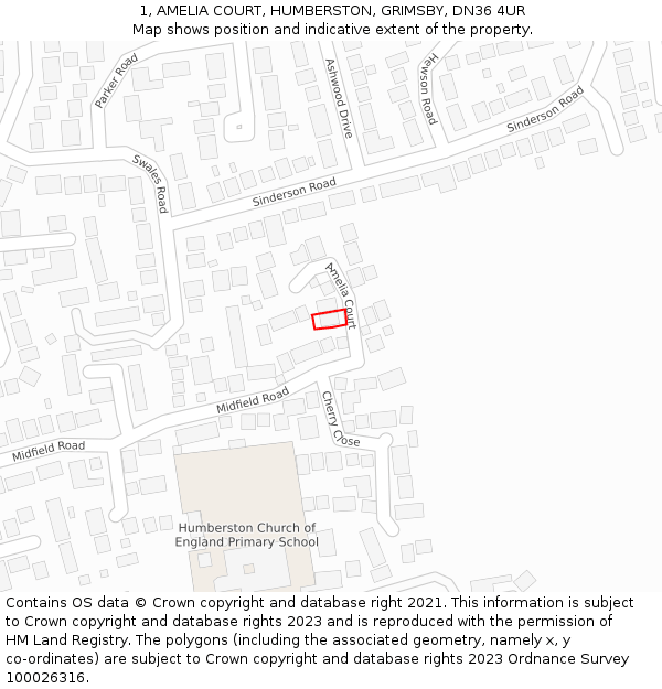 1, AMELIA COURT, HUMBERSTON, GRIMSBY, DN36 4UR: Location map and indicative extent of plot