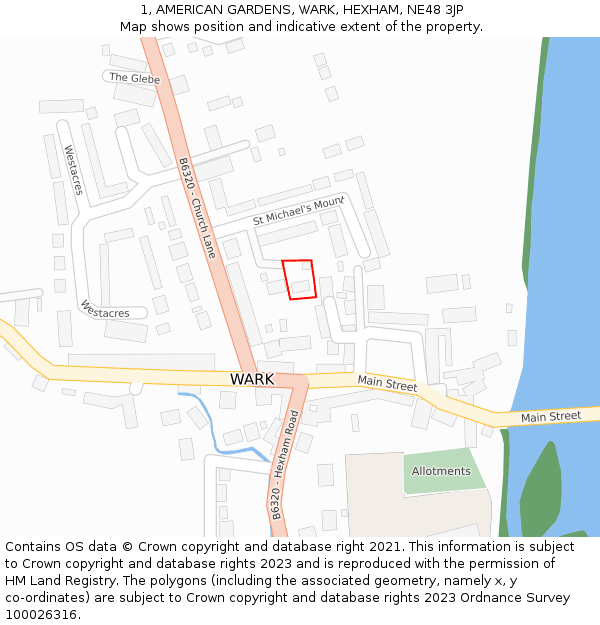 1, AMERICAN GARDENS, WARK, HEXHAM, NE48 3JP: Location map and indicative extent of plot