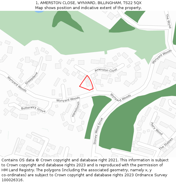 1, AMERSTON CLOSE, WYNYARD, BILLINGHAM, TS22 5QX: Location map and indicative extent of plot