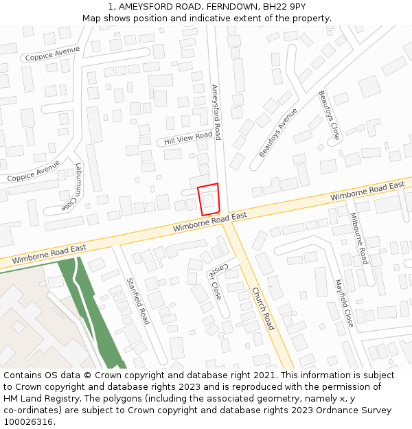 1, AMEYSFORD ROAD, FERNDOWN, BH22 9PY: Location map and indicative extent of plot