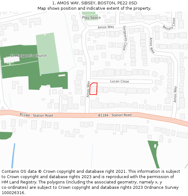 1, AMOS WAY, SIBSEY, BOSTON, PE22 0SD: Location map and indicative extent of plot