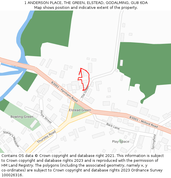 1 ANDERSON PLACE, THE GREEN, ELSTEAD, GODALMING, GU8 6DA: Location map and indicative extent of plot