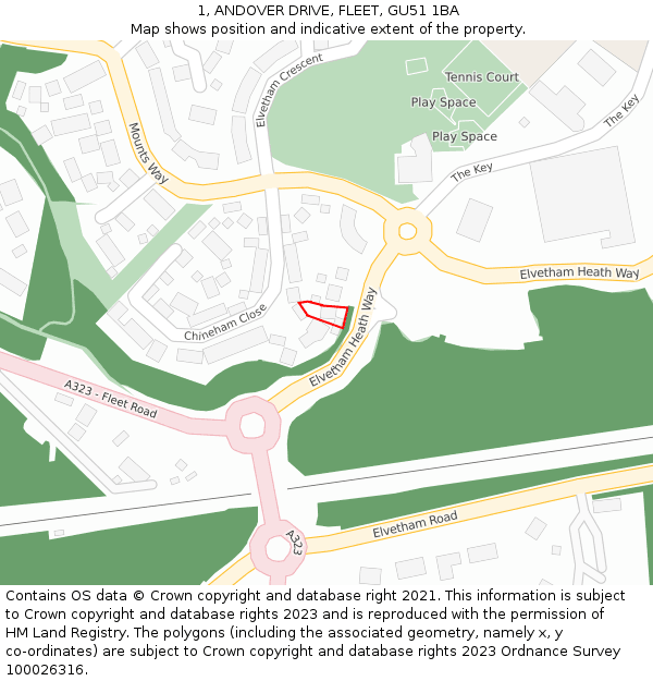 1, ANDOVER DRIVE, FLEET, GU51 1BA: Location map and indicative extent of plot