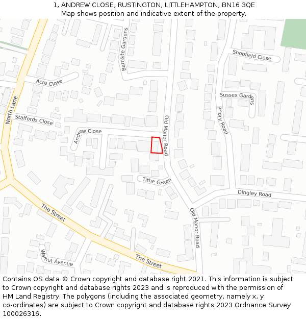 1, ANDREW CLOSE, RUSTINGTON, LITTLEHAMPTON, BN16 3QE: Location map and indicative extent of plot