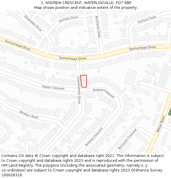 1, ANDREW CRESCENT, WATERLOOVILLE, PO7 6BE: Location map and indicative extent of plot