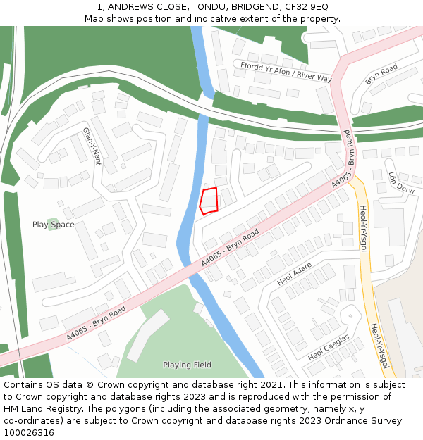 1, ANDREWS CLOSE, TONDU, BRIDGEND, CF32 9EQ: Location map and indicative extent of plot