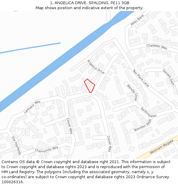 1, ANGELICA DRIVE, SPALDING, PE11 3GB: Location map and indicative extent of plot