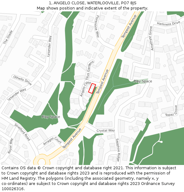 1, ANGELO CLOSE, WATERLOOVILLE, PO7 8JS: Location map and indicative extent of plot