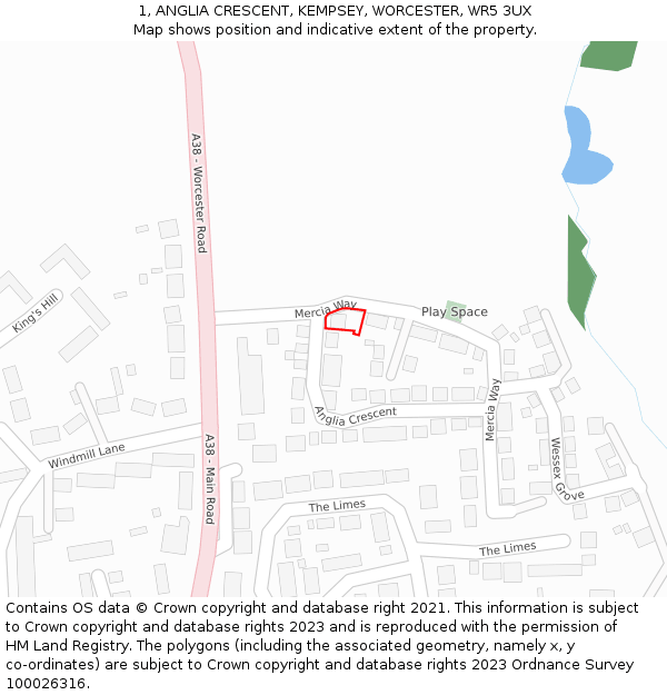 1, ANGLIA CRESCENT, KEMPSEY, WORCESTER, WR5 3UX: Location map and indicative extent of plot