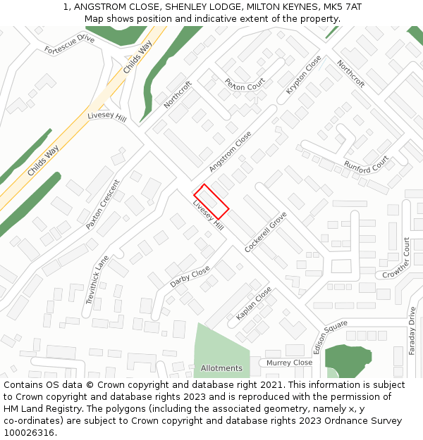 1, ANGSTROM CLOSE, SHENLEY LODGE, MILTON KEYNES, MK5 7AT: Location map and indicative extent of plot