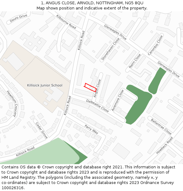 1, ANGUS CLOSE, ARNOLD, NOTTINGHAM, NG5 8QU: Location map and indicative extent of plot