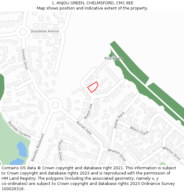 1, ANJOU GREEN, CHELMSFORD, CM1 6EE: Location map and indicative extent of plot