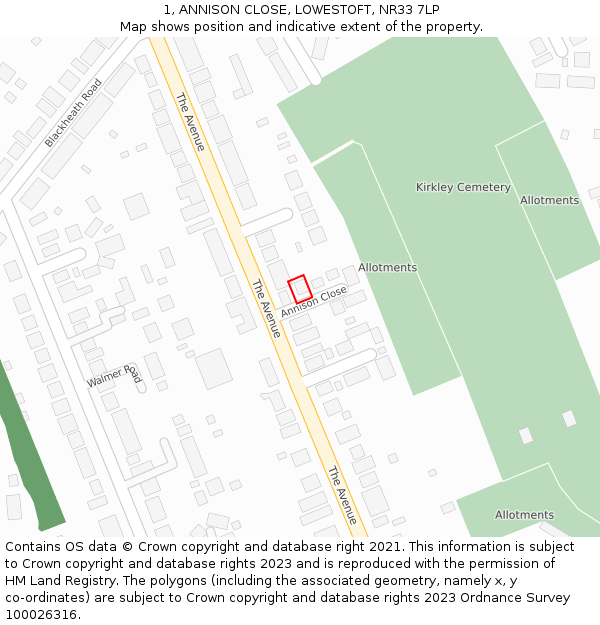 1, ANNISON CLOSE, LOWESTOFT, NR33 7LP: Location map and indicative extent of plot