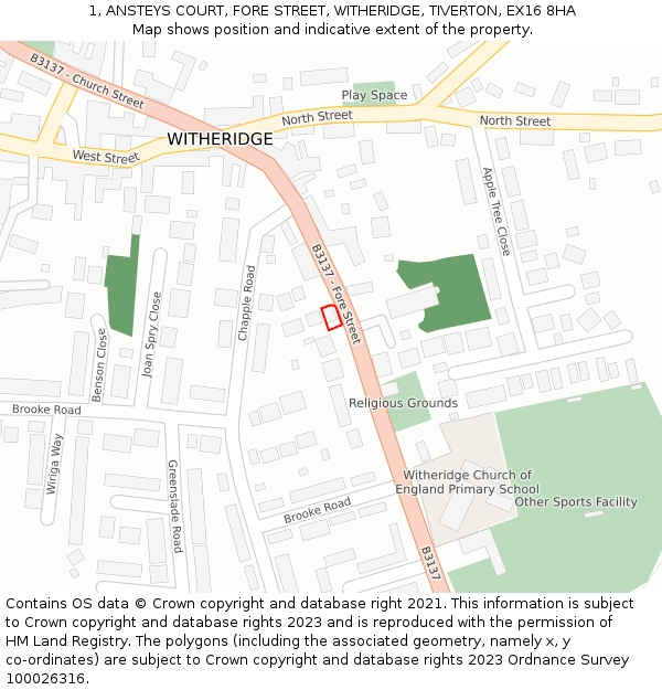 1, ANSTEYS COURT, FORE STREET, WITHERIDGE, TIVERTON, EX16 8HA: Location map and indicative extent of plot