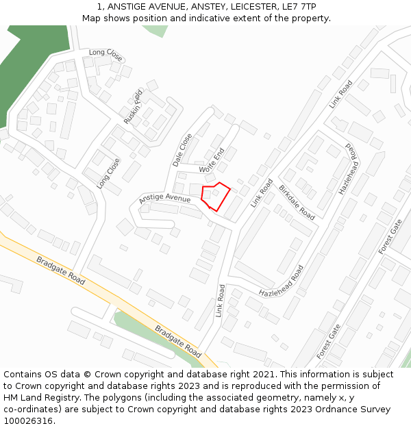 1, ANSTIGE AVENUE, ANSTEY, LEICESTER, LE7 7TP: Location map and indicative extent of plot