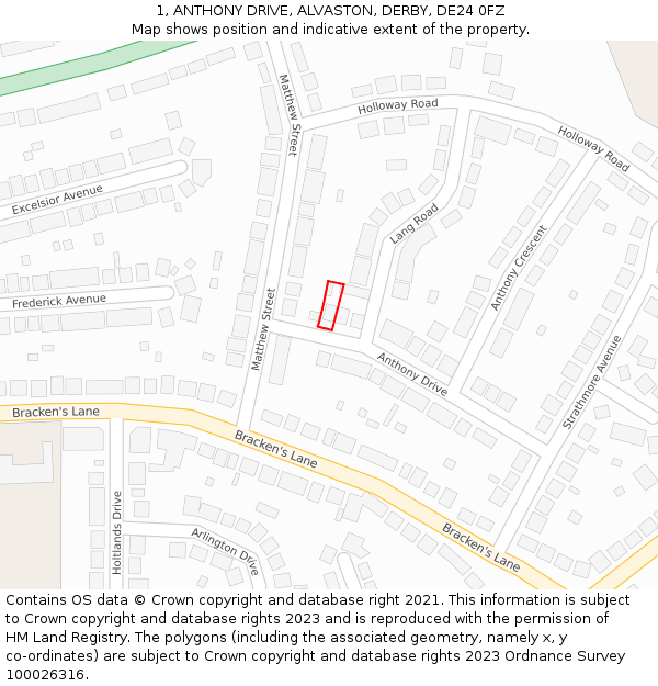 1, ANTHONY DRIVE, ALVASTON, DERBY, DE24 0FZ: Location map and indicative extent of plot