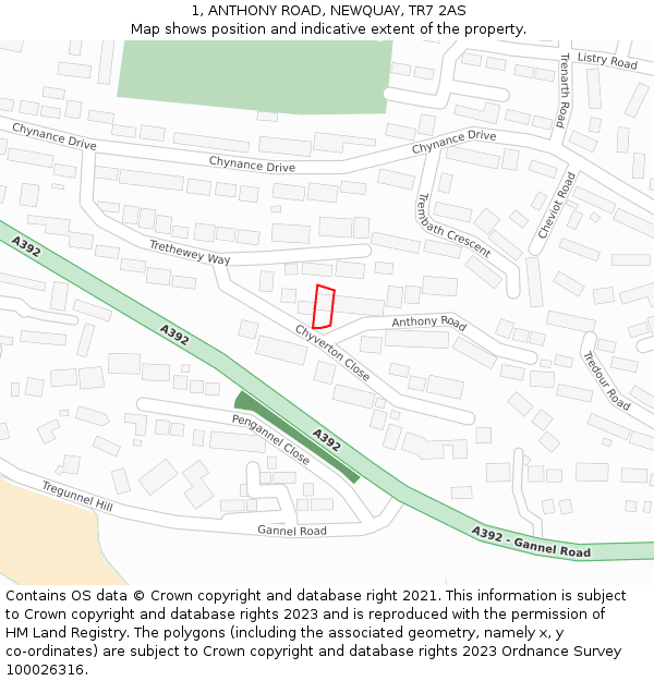 1, ANTHONY ROAD, NEWQUAY, TR7 2AS: Location map and indicative extent of plot