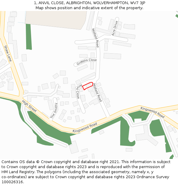 1, ANVIL CLOSE, ALBRIGHTON, WOLVERHAMPTON, WV7 3JP: Location map and indicative extent of plot