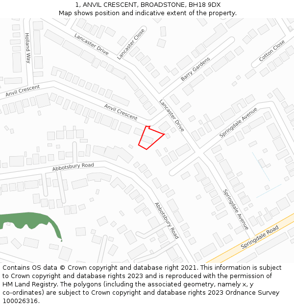 1, ANVIL CRESCENT, BROADSTONE, BH18 9DX: Location map and indicative extent of plot